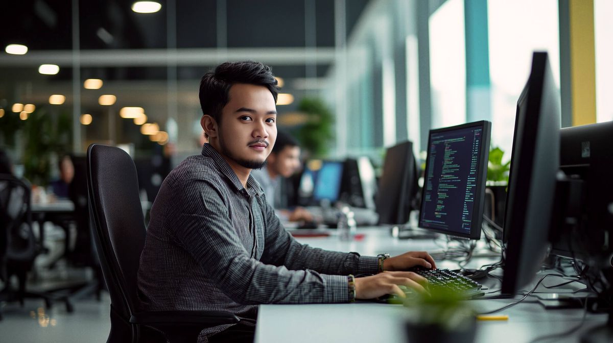 An employee at a modern Indonesian tech office working at their desk.