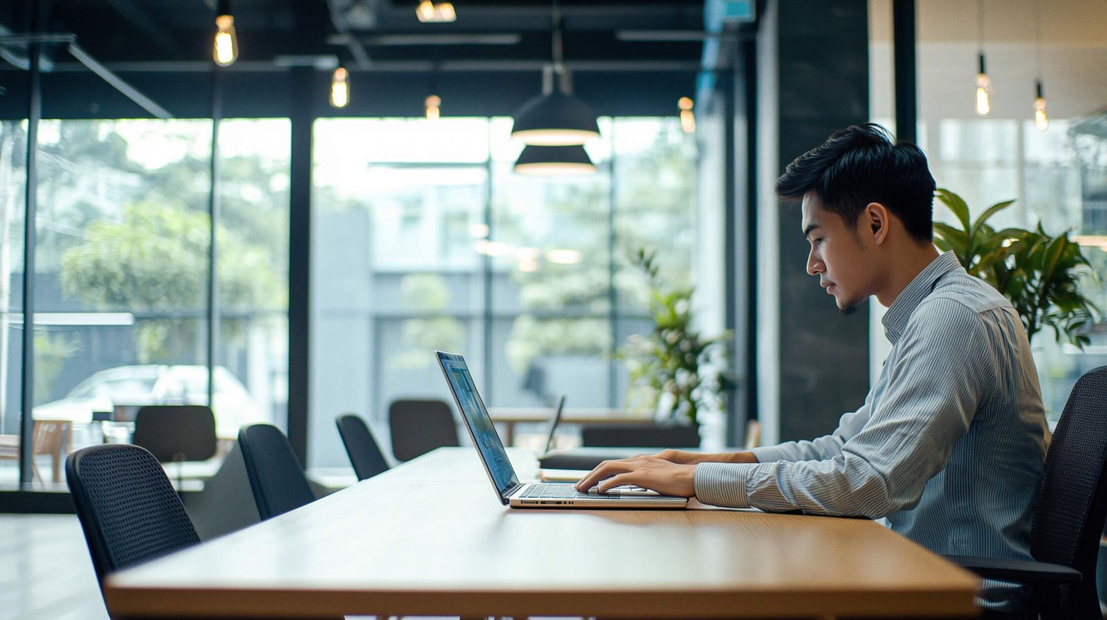 A tech employee at a desk in a modern Indonesian workspace, working on a laptop.
