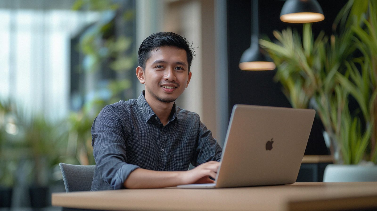 An employee at a modern Indonesian tech office working at their desk.