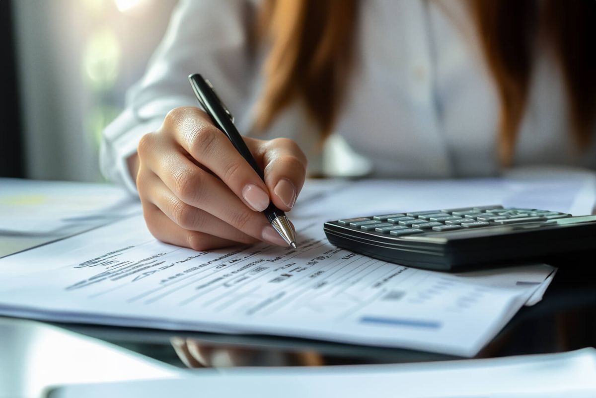 A close-up of someone completing a paper form with a calculator beside them.