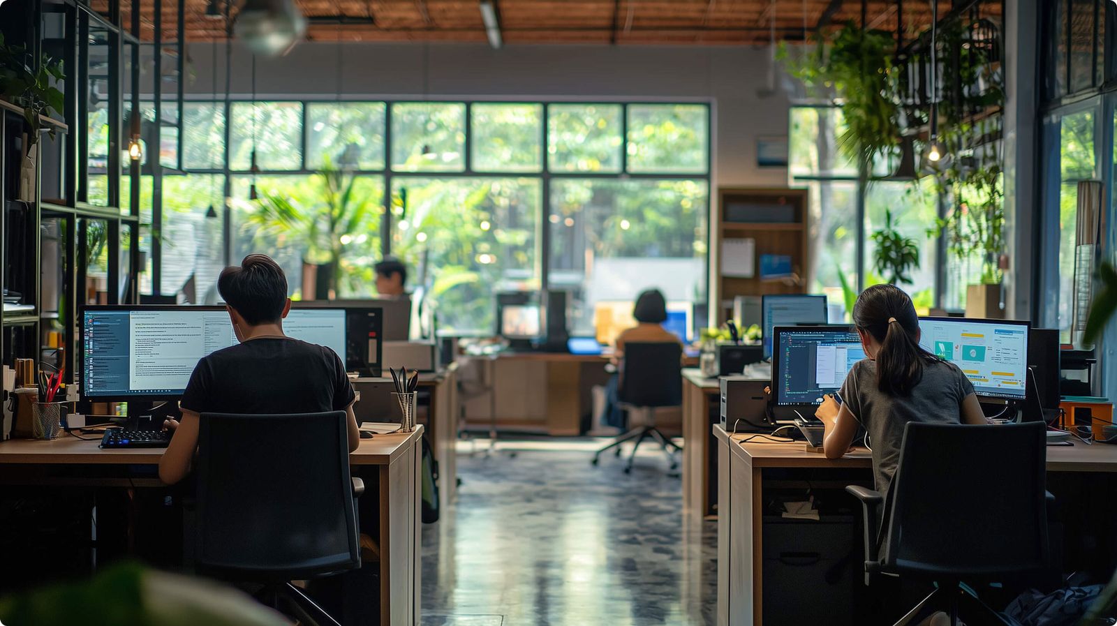 A modern Indonesian tech office with employees at their desks, natural light and plants in the background.