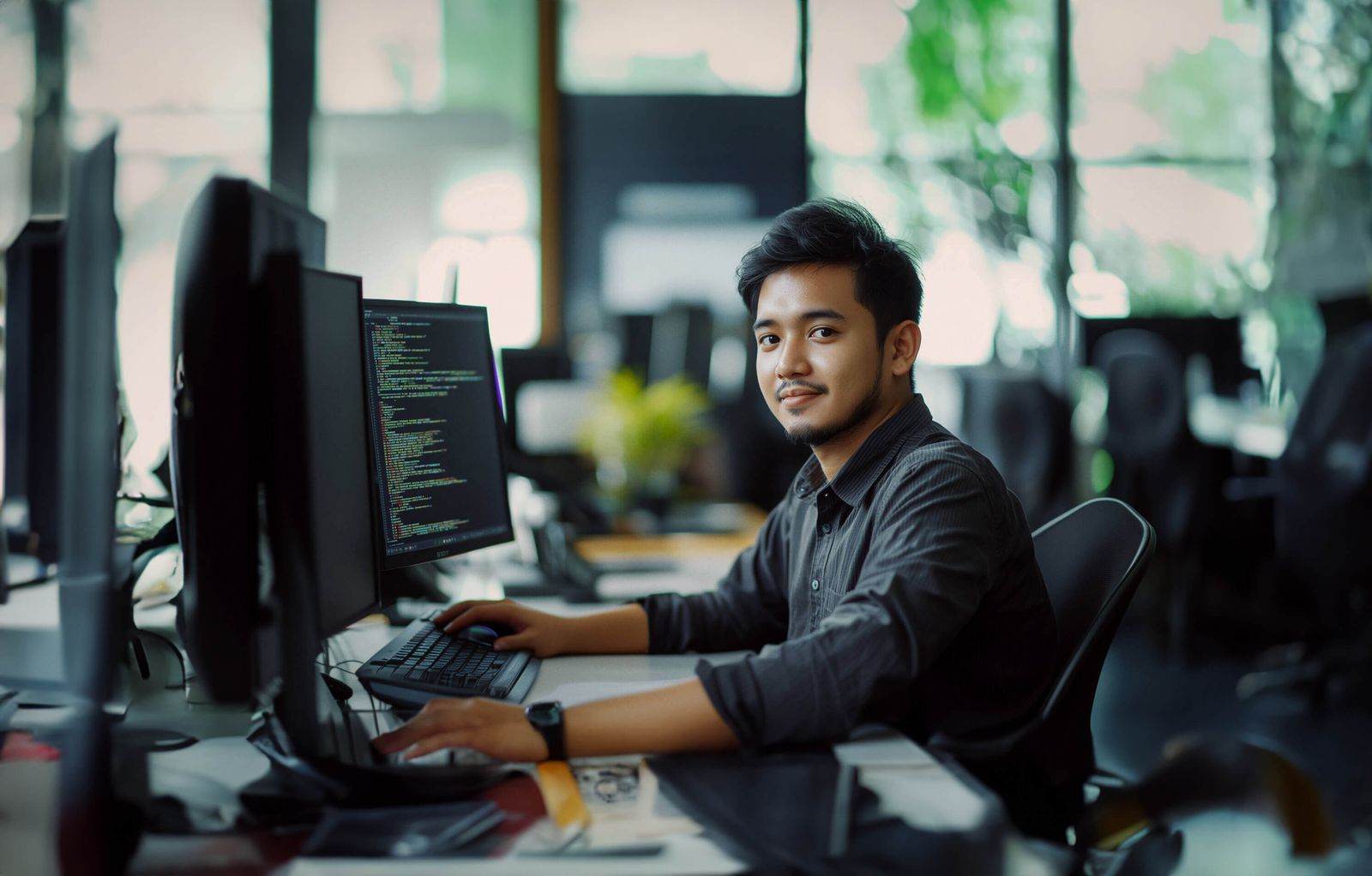 An employee at a modern Indonesian tech office working at their desk.