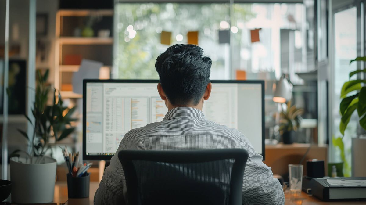 A man working at a desk with a computer.